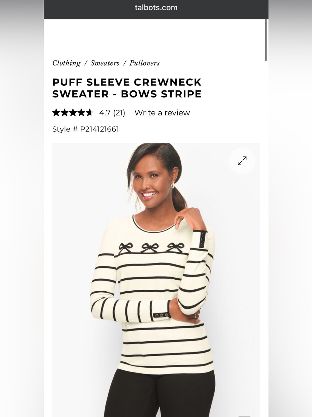 Talbots Cream and Black Striped Puff Sleeve Crewneck Sweater with Bow Accents